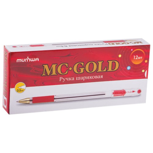 Ручка шариковая масляная с грипом MUNHWA "MC Gold", КРАСНАЯ, корпус прозрачный, узел 0,5 мм, линия письма 0,3 мм, BMC-03