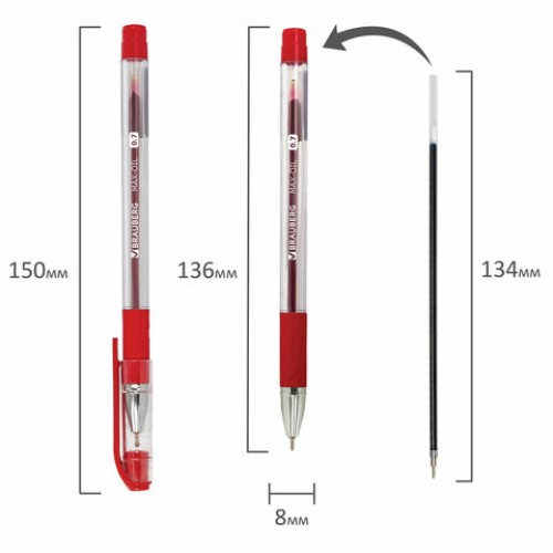 Ручка шариковая масляная с грипом BRAUBERG "Max-Oil", КРАСНАЯ, игольчатый узел 0,7 мм, линия письма 0,35 мм, 142143
