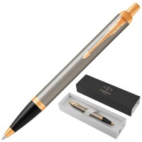 Ручка шариковая PARKER "IM Core Brushed Metal GT", серебристый матовый лак, позолота, синяя, 1931670