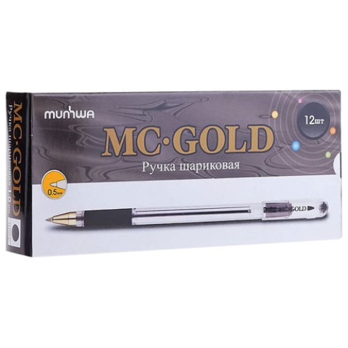 Ручка шариковая масляная с грипом MUNHWA "MC Gold", ЧЕРНАЯ, корпус прозрачный, узел 0,5 мм, линия письма 0,3 мм, BMC-01