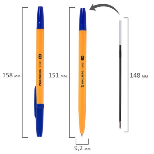 Ручка шариковая BRAUBERG "ORANGE Line", СИНЯЯ, корпус оранжевый, узел 1 мм, линия письма 0,5 мм, 143331