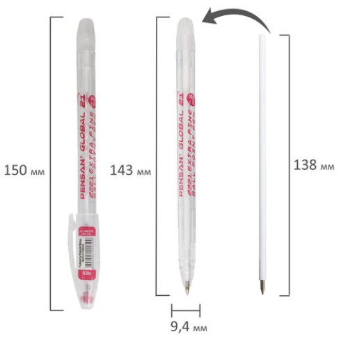 Ручка шариковая масляная PENSAN "Global-21", КРАСНАЯ, корпус прозрачный, узел 0,5 мм, линия письма 0,3 мм, 2221, 2221/12