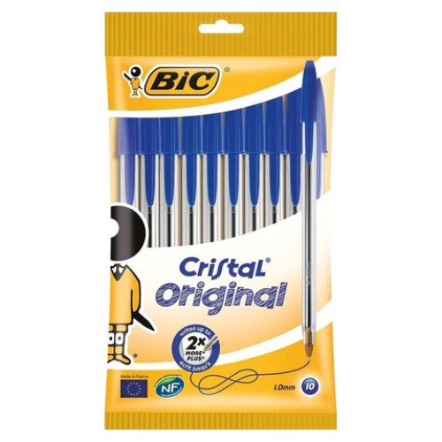 Ручки шариковые BIC "Cristal Original", НАБОР 10 шт., СИНИЕ, узел 1 мм, линия письма 0,32 мм, пакет, 830863