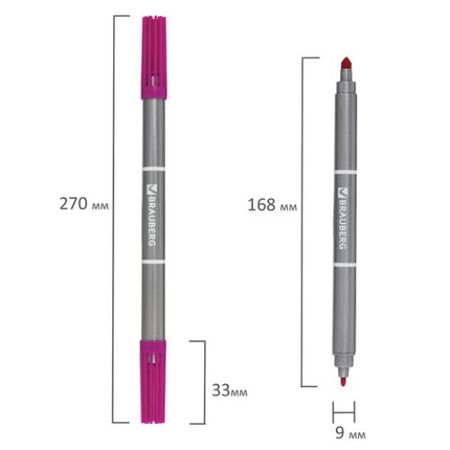 Фломастеры BRAUBERG, 10 цветов, двухсторонние, 2 пишущих узла 2 и 5 мм, вентилируемый колпачок, картонная упаковка, 150682