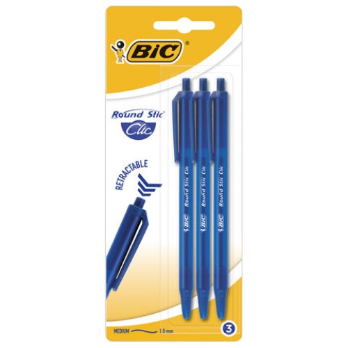 Ручки шариковые автоматические BIC "Round Stic Clic", НАБОР 3 шт., СИНИЕ, линия письма 0,32 мм, блистер, 926374