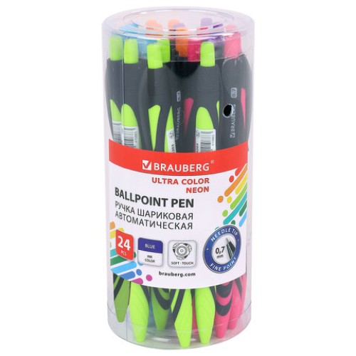 Ручка шариковая автоматическая BRAUBERG ULTRA COLOR NEON, soft-touch, СИНЯЯ, пишущий узел 0,7 мм, линия письма 0,35 мм, 144203