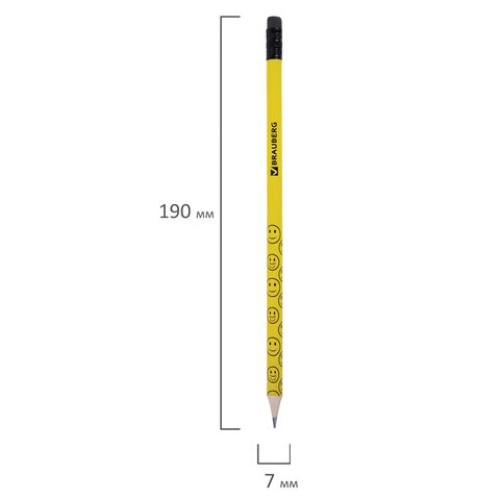 Карандаш чернографитный BRAUBERG, 1 шт., "Смайлики", НВ, c ластиком, корпус желтый, заточенный, 180654