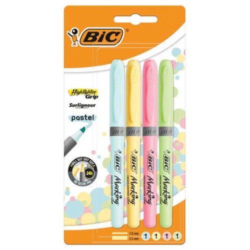 Набор текстовыделителей BIC "Grip Pastel" 4 шт., АССОРТИ, линия 1,6-4 мм, 964859