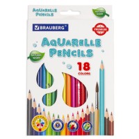 Карандаши цветные акварельные BRAUBERG PREMIUM AQUARELLE, 18 цветов, трехгранные, утолщенный грифель 4 мм, натуральное дерево, 181672