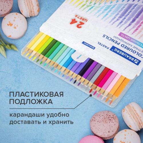 Карандаши цветные BRAUBERG PASTEL, 24 пастельных цвета, трехгранные, грифель 3 мм, натуральное дерево, 181851