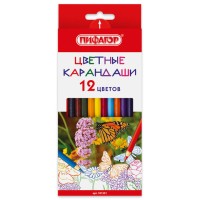 Карандаши цветные ПИФАГОР "БАБОЧКИ", 12 цветов, шестигранные, натуральное дерево, 181351