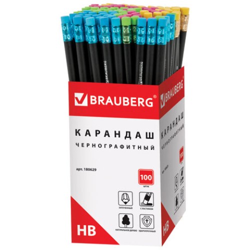 Карандаш чернографитный BRAUBERG, 1 шт., "Black Wood", НВ, с ластиком ассорти, черное дерево, заточенный, 180629