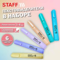 Набор текстовыделителей 6 ПАСТЕЛЬНЫХ ЦВЕТОВ, АССОРТИ, STAFF College STICK PASTEL, линия письма 1-4 мм, скошенный наконечник, 152532