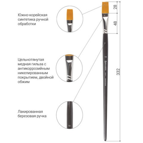 Кисть художественная проф. BRAUBERG ART CLASSIC, синтетика жесткая, плоская, № 18, длинная ручка, 200671