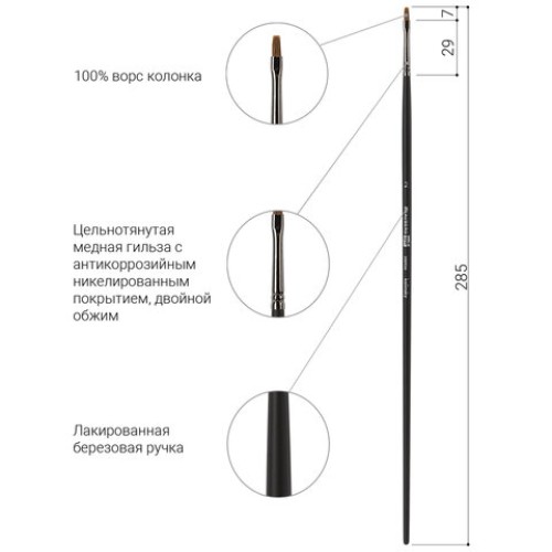 Кисть художественная проф. BRAUBERG ART CLASSIC, колонок, плоская, № 2, длинная ручка, 200936