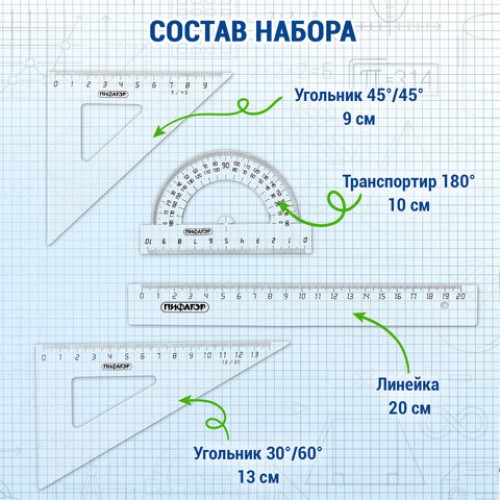 Набор чертежный средний ПИФАГОР (линейка 20 см, 2 треугольника, транспортир), прозрачный, бесцветный, пакет, 210627