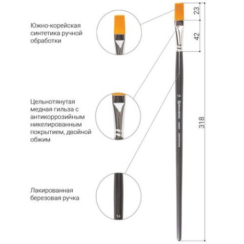 Кисть художественная проф. BRAUBERG ART CLASSIC, синтетика жесткая, плоская, № 14, длинная ручка, 200669