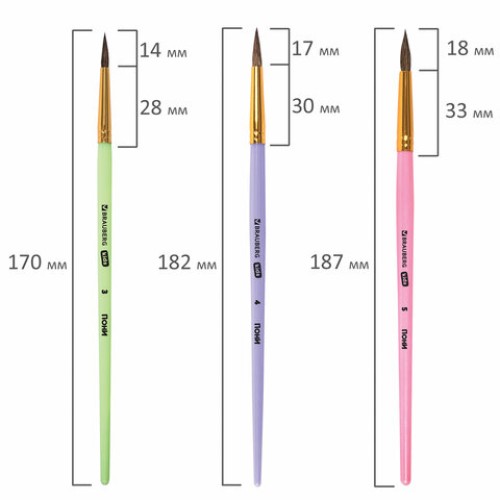Кисти ПОНИ набор 3 шт. (круглые № 3, 4, 5), блистер, BRAUBERG KIDS, 201074