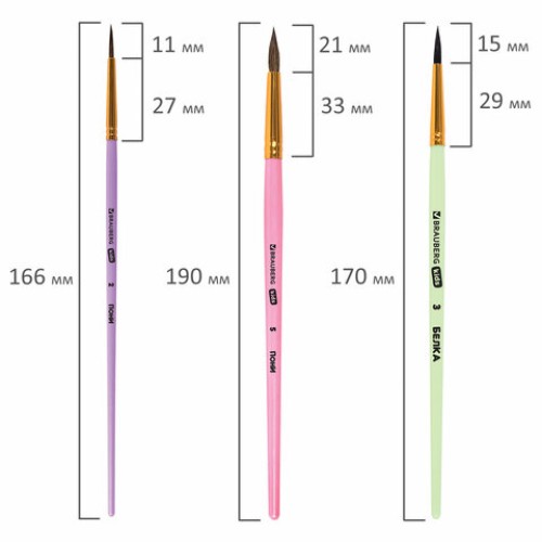 Кисти НАБОР 5 шт. (БЕЛКА круглая № 3; КОЗА круглые № 6, 8; ПОНИ круглые № 2, 5), BRAUBERG KIDS, 201080