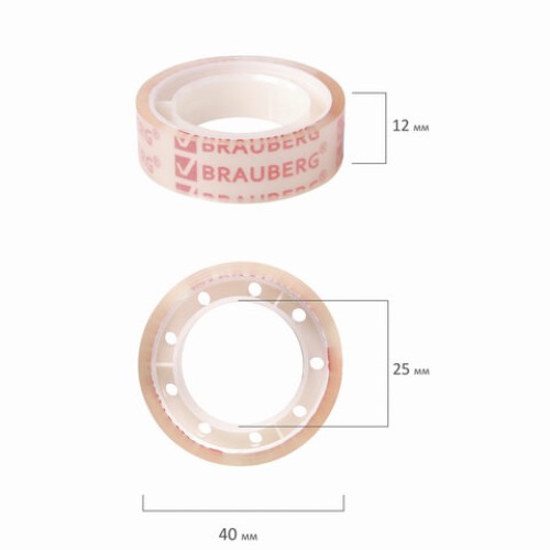 Клейкие ленты 12 мм х 10 м канцелярские BRAUBERG, комплект 12 шт., прозрачные, гарантированная длина, 223122