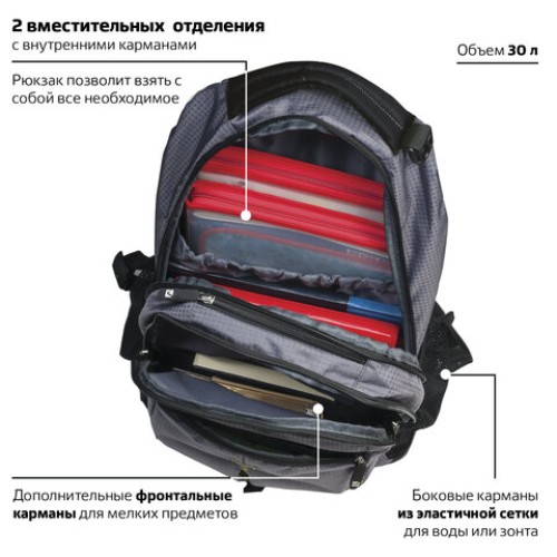 Рюкзак BRAUBERG DELTA универсальный, 2 отделения, серый, "Lime insert", 49х33х18 см, 225293