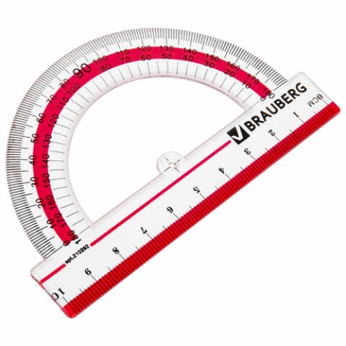 Транспортир 10 см, 180 градусов, пластиковый, BRAUBERG "Crystal", прозрачный, с выделенной шкалой, подвес, 210292