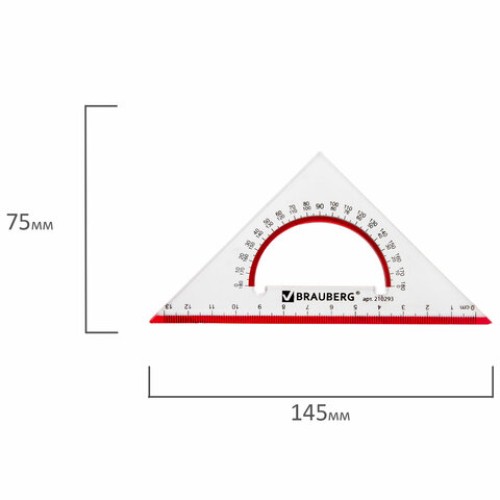 Треугольник пластиковый, угол 45, 13 см, BRAUBERG "Crystal", с транспортиром, прозрачный, с выделенной шкалой, 210293