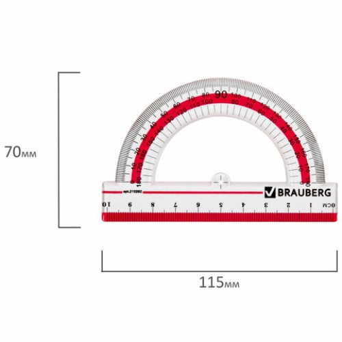 Транспортир 10 см, 180 градусов, пластиковый, BRAUBERG "Crystal", прозрачный, с выделенной шкалой, подвес, 210292
