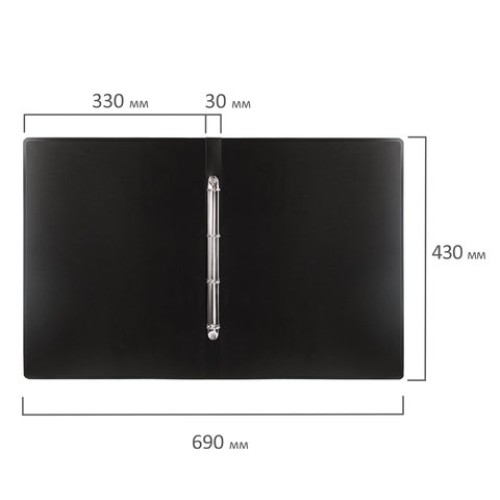 Папка на 4 кольцах БОЛЬШОГО ФОРМАТА А3, ВЕРТИКАЛЬНАЯ, 30 мм, черная, 0,8 мм, BRAUBERG "Стандарт", 225766